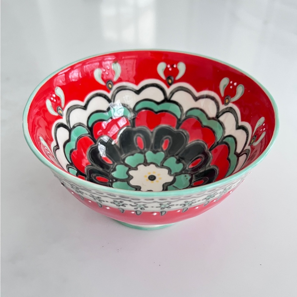 Vintage Anthropologie Footed Bowl Red Teal Elka Ayaka Floral Pedestal cereal